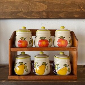 ALCO Industries Fruit Canister Set of 6 w Wood Spice Rack Lidded Ceramic Kitchen